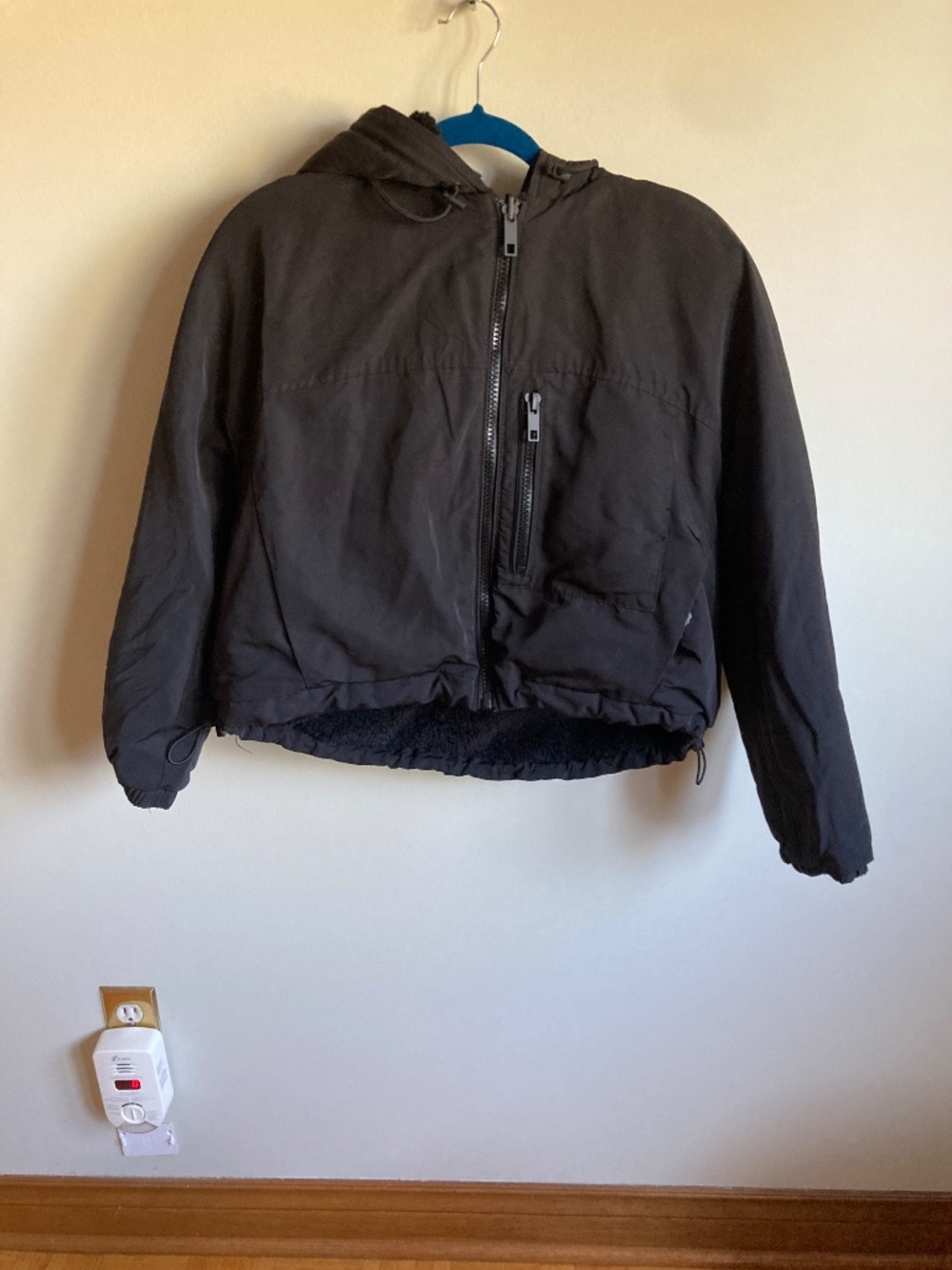 Black Sherpa Lined Hooded Crop Jacket Winter Medium